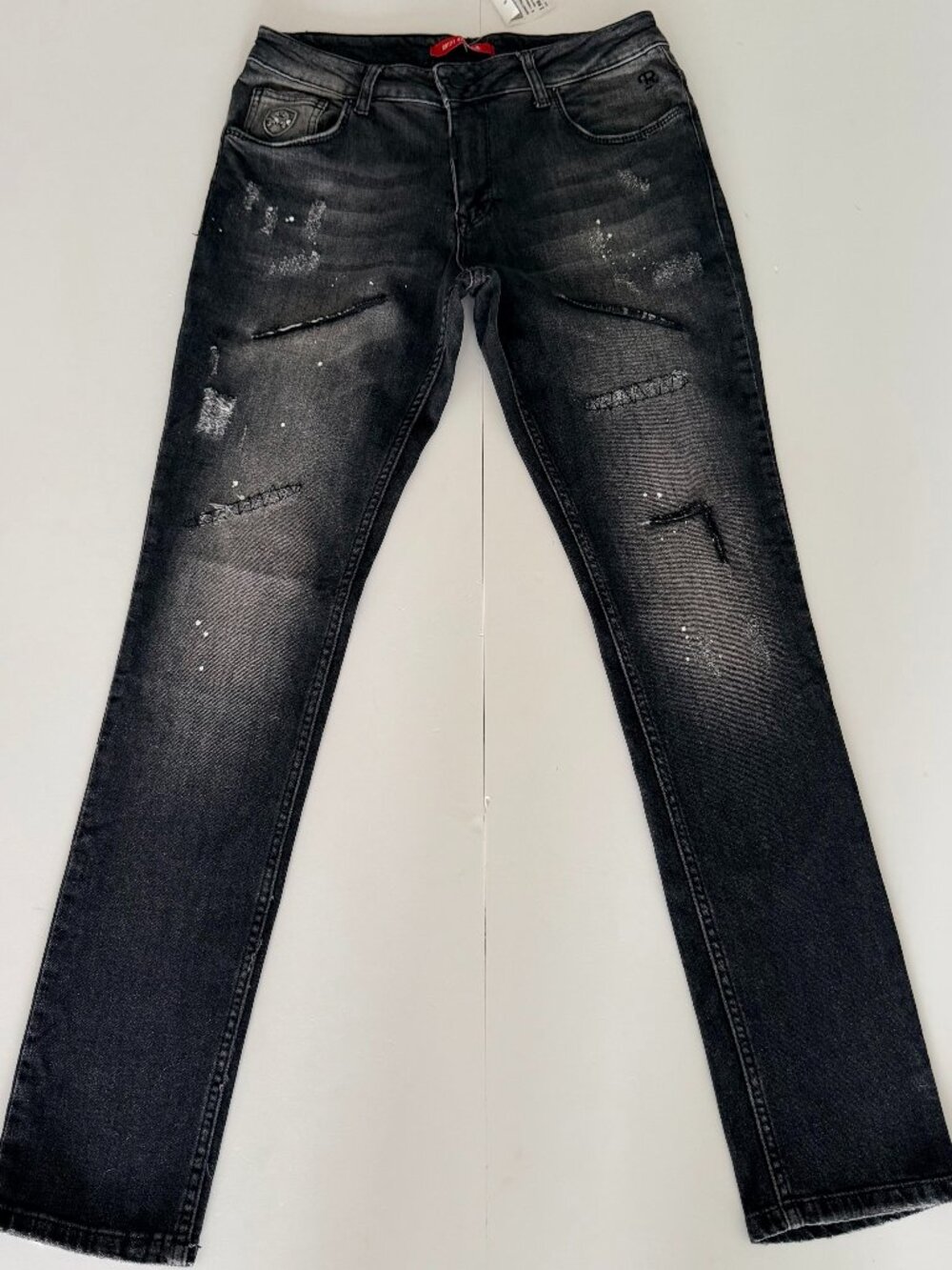 NWT Mens RNT 23 Black Distressed Paint Splatter Slim Jeans Sz 28 Goth Grunge Emo
